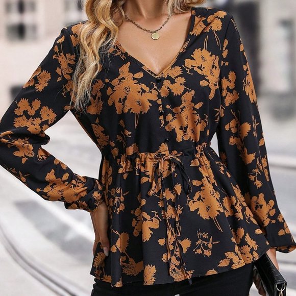 Black & Brown Preppy Womens Floral Print Lantern Sleeve Knot Front Peplum Blouse - Picture 4 of 5